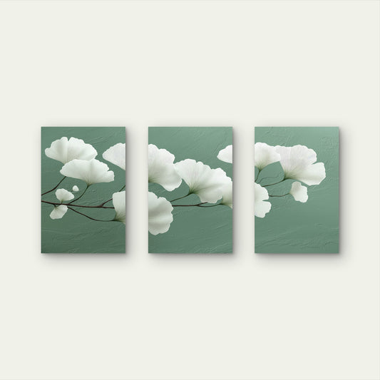 3pcs Abstract Floral Green Ginkgo Leaf Painting Wall Art Set Canvas Framed 60x90cm - High Quality Print 100% Australian Made Wall Canvas Ready to Hang