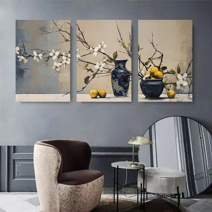 3pcs White Blossom Branches With Lemons & Vases Metal Print Ready to Hang Art