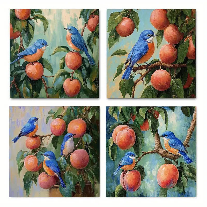 4pcs Bluebirds And Peaches Brid Deco Wall Art Canvas Framed
