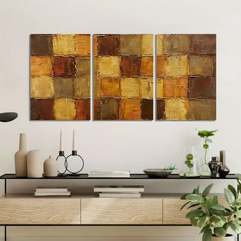 3pcs Brown And Golden Impasto Square  Metal Print Ready to Hang Art - Bella Home Decor