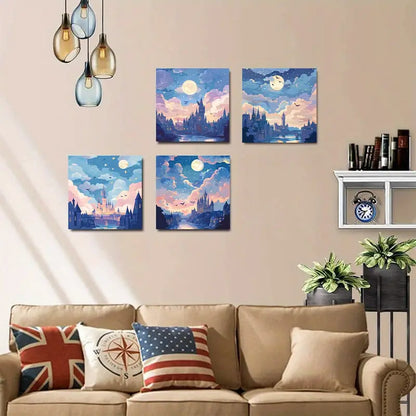 4pcs Full Moon & Starry Skies,Wall Art Canvas Framed