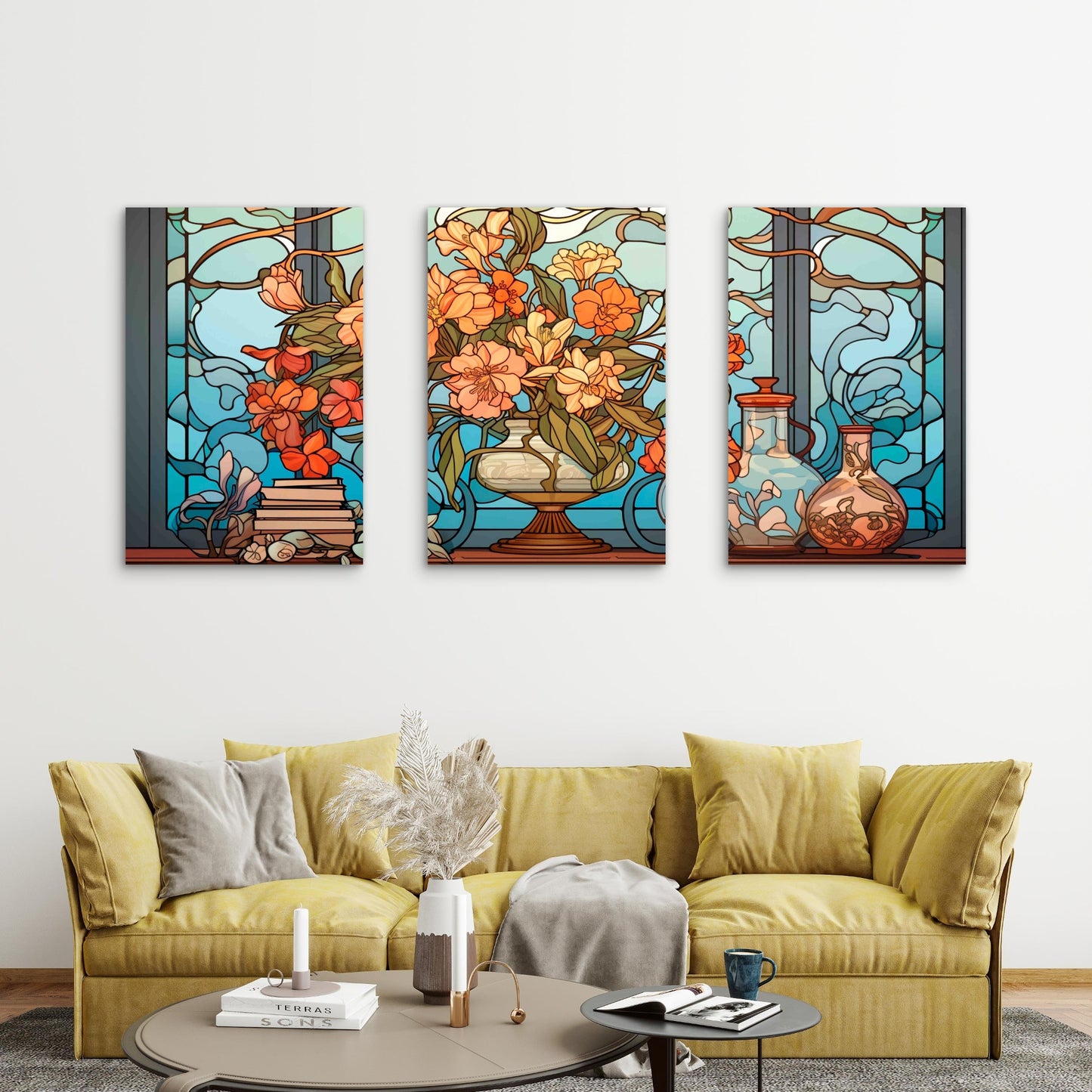 3pcs Stained Glass Floral Vase Blue Window Metal Print Ready to Hang Art