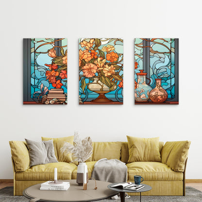 3pcs Stained Glass Floral Vase Blue Window Metal Print Ready to Hang Art