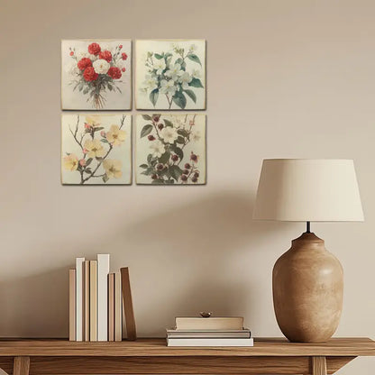 4pcs Red,White & Yellow Flower Boque Wall Art Canvas Framed
