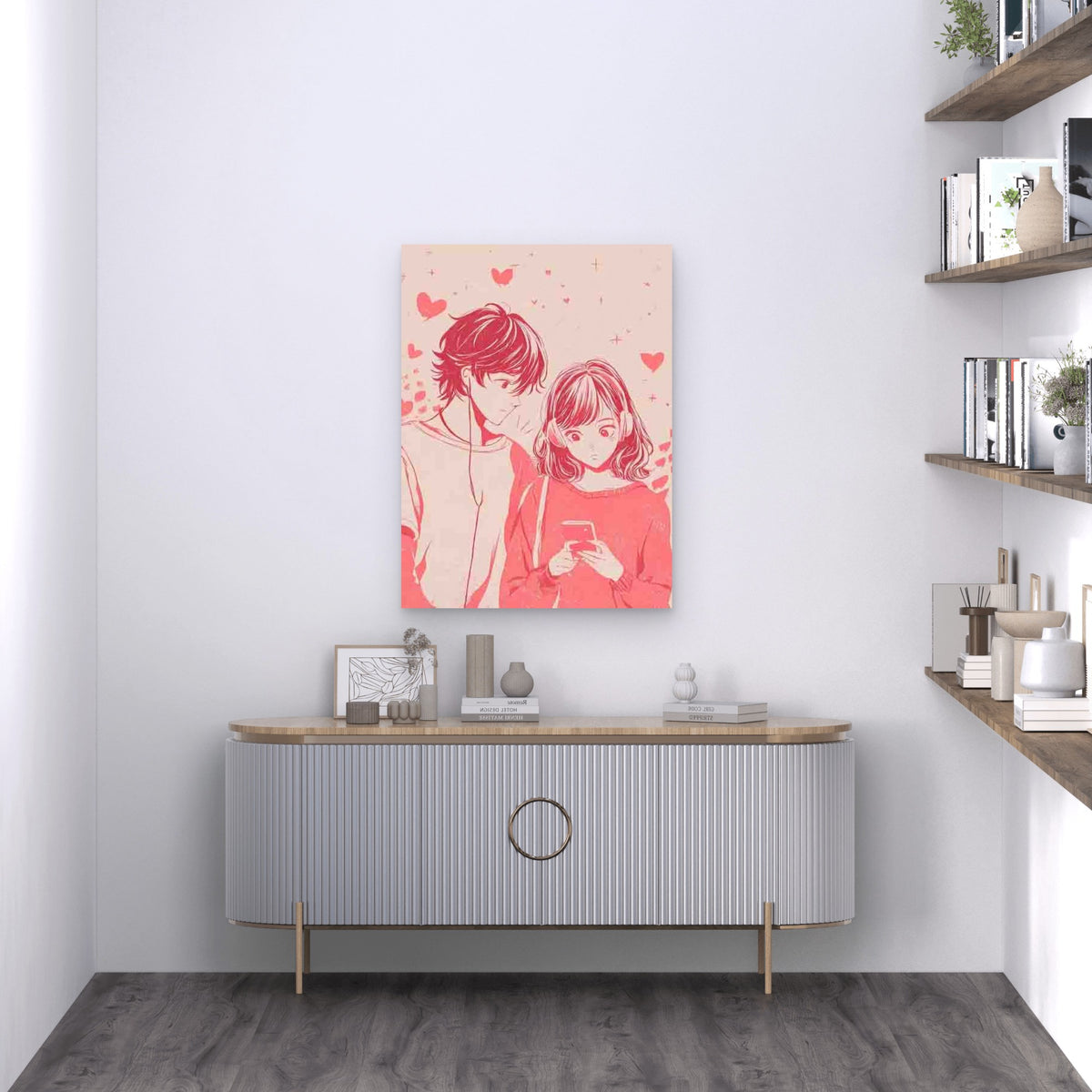 Cute Anime Couple with Smartphone 60x90cm Metal Print Ready to Hang