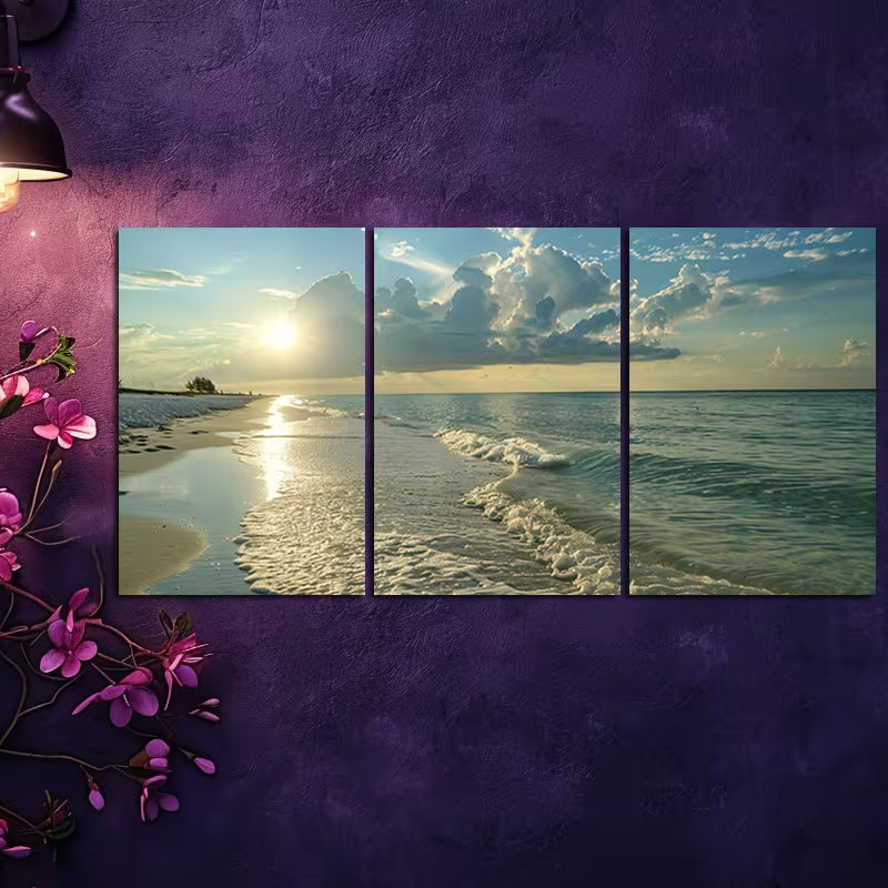 3pcs Secluded Beach at Dawn Wall Art Set Canvas Framed 40x60cm - High Quality Print 100% Australian Made Wall Canvas Ready to Hang