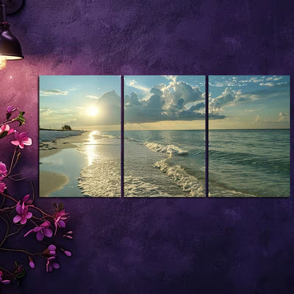 3pcs Secluded Beach at Dawn Wall Art Set Canvas Framed 50x70cm - High Quality Print 100% Australian Made Wall Canvas Ready to Hang