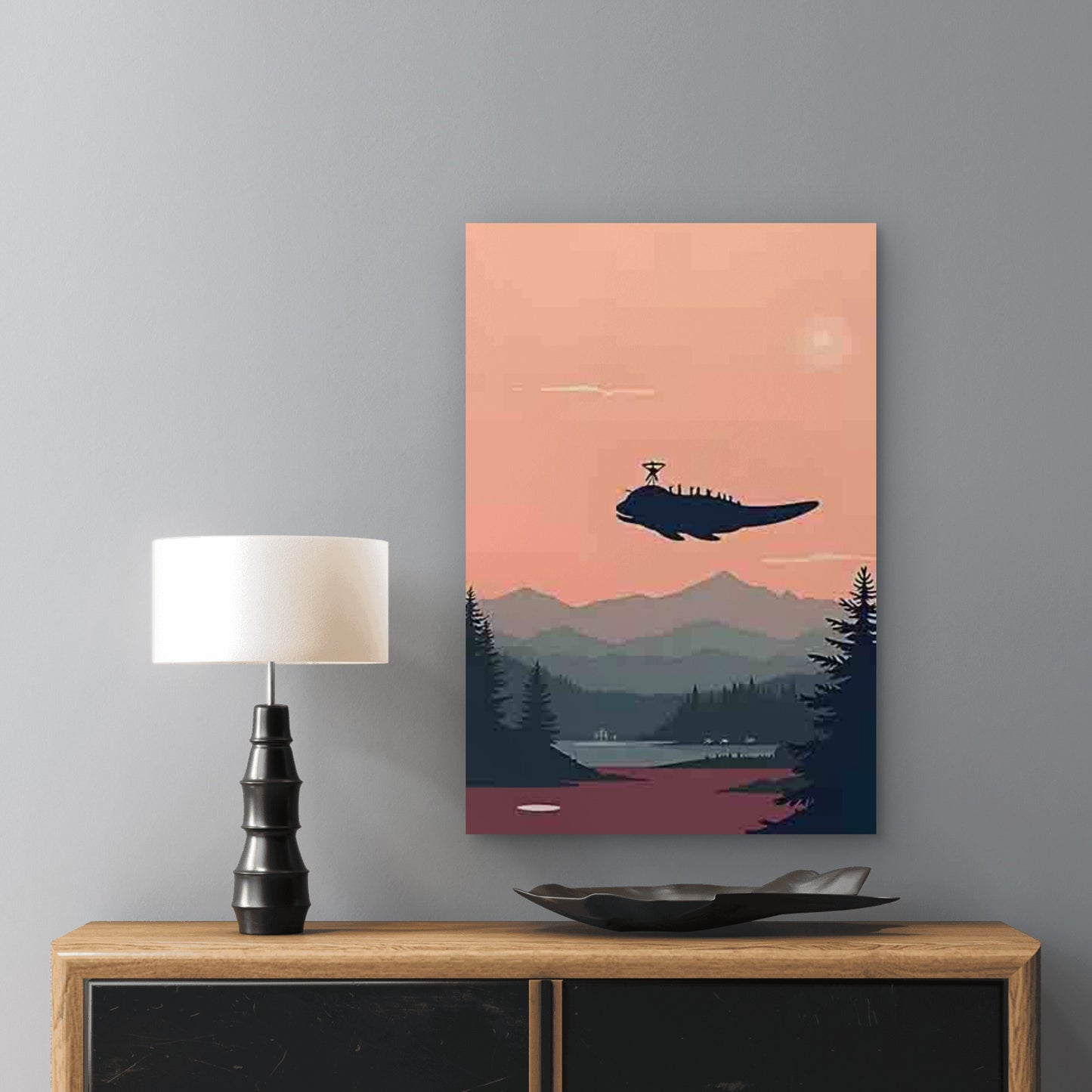 Dreamy Whale Carrying a Little Person 40x60cm Metal Print Ready to Hang - Bella Home Decor