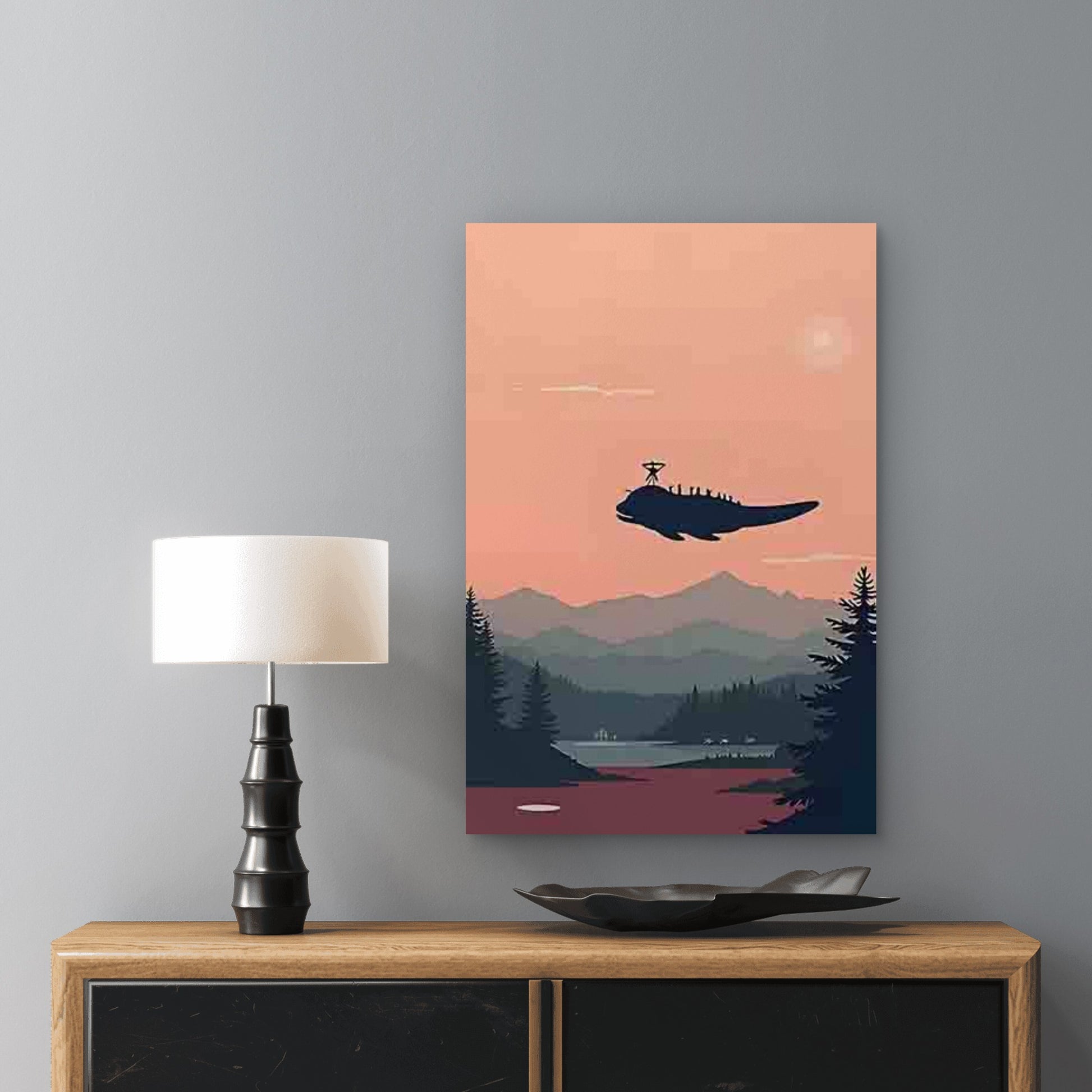 Dreamy Whale Carrying a Little Person 40x60cm Metal Print Ready to Hang - Bella Home Decor