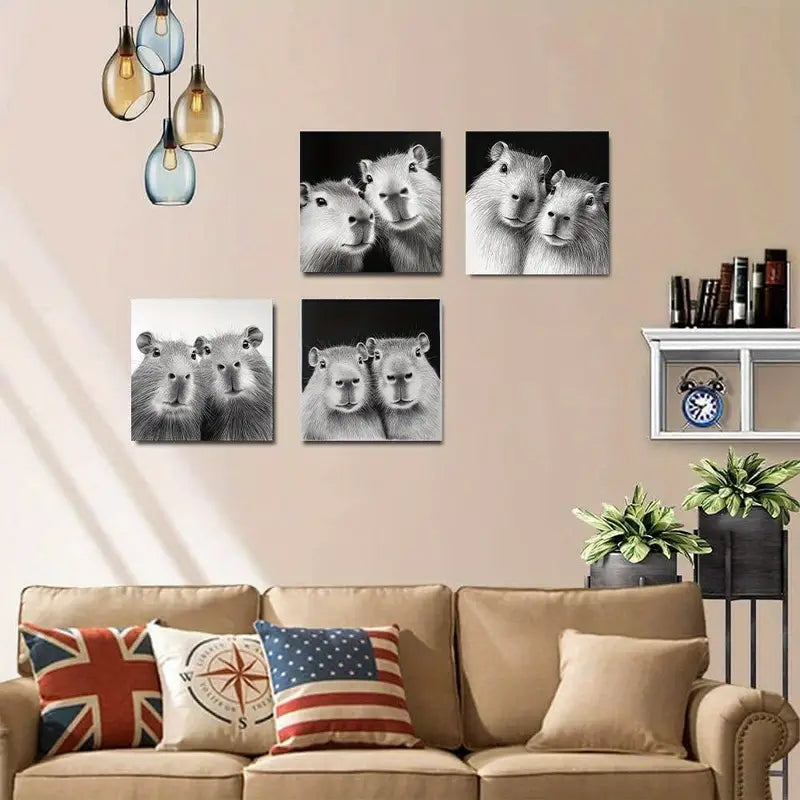 4pcs W Animals   Curious Capybara Wall Art Canvas Framed
