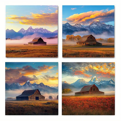 4pcs Vintage Teton Barn Vibrant Sun TT  Wall Art Canvas Framed
