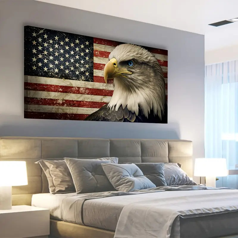 Vintage American Flag Majestic Eagle Design Wall Art canvas office home room framed 120x60cm - Bella Home Decor