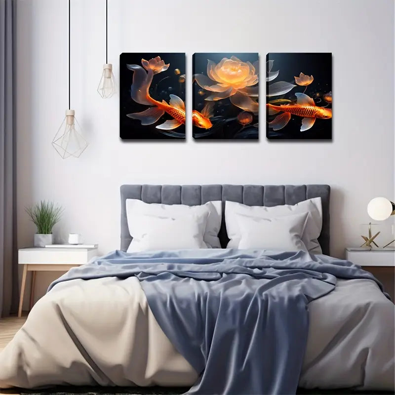 3pcs Serene For Lotus & Goldfish Design, Metal Print Ready to Hang Art