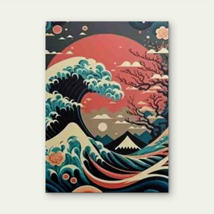 Great Wave & Cherry Blossoms 60x90cm Metal Print Ready to Hang - Bella Home Decor
