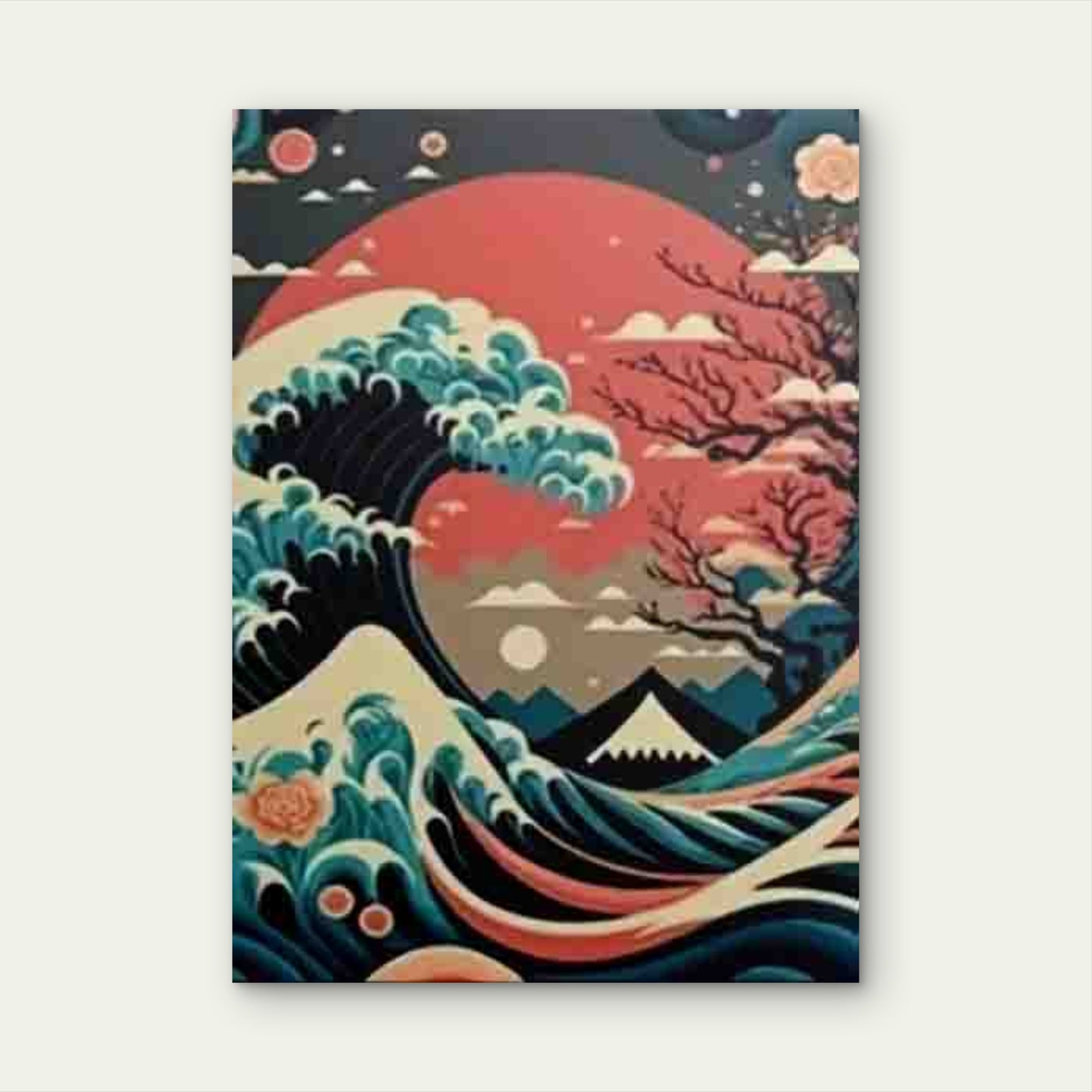Great Wave & Cherry Blossoms Metal Print Ready to Hang - Bella Home Decor