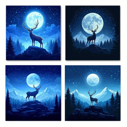 4pcs Blue Night Deer Prints  Wall Art Canvas Framed