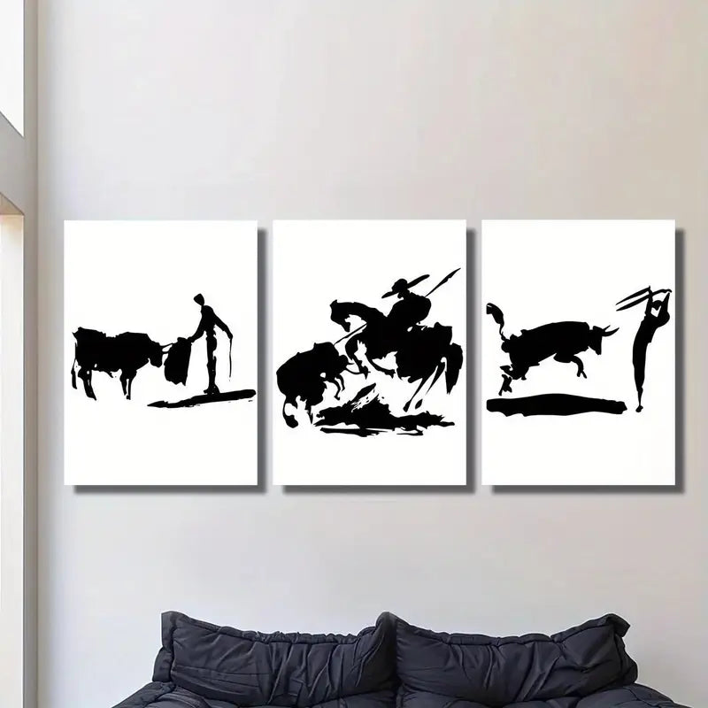 3pcs Bullfighting Aerial Animal Horse Illustration Metal Print Ready to Hang Art - Bella Home Decor