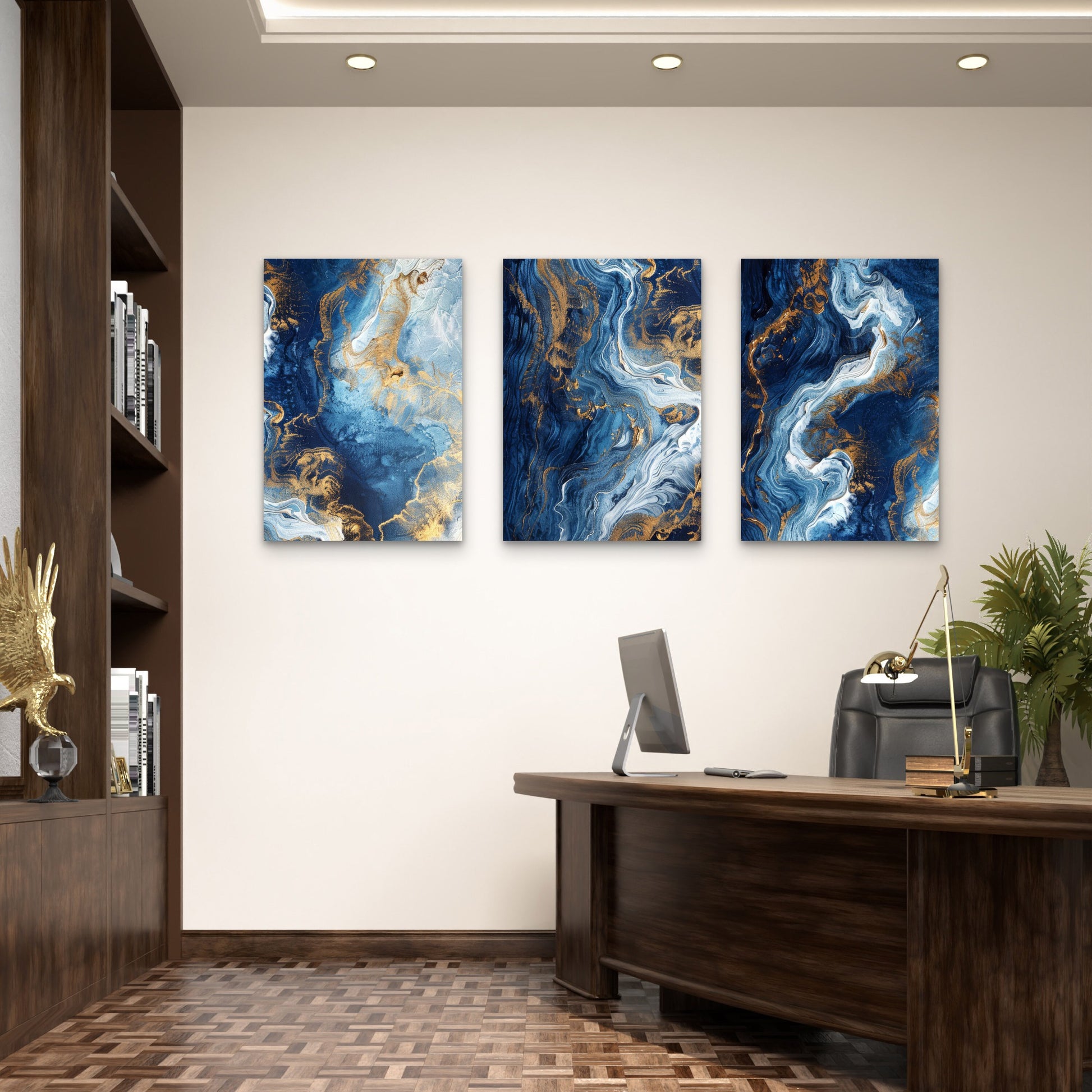 3pcs Abstract Blue Marble Fluid Gold Wall Art Set Canvas Framed 40x60cm - High Quality Print 100% Australian Made Wall Canvas Ready to Hang