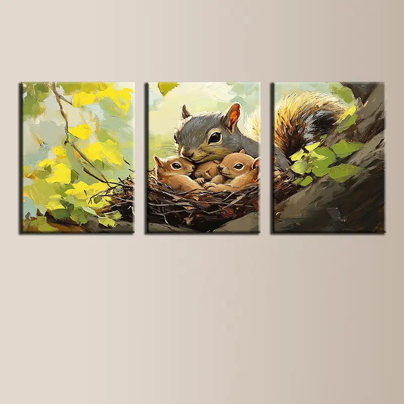 3pcs Charming Mother & Youngsters Squirrel Nest with Autumn Metal Print Ready to Hang Art