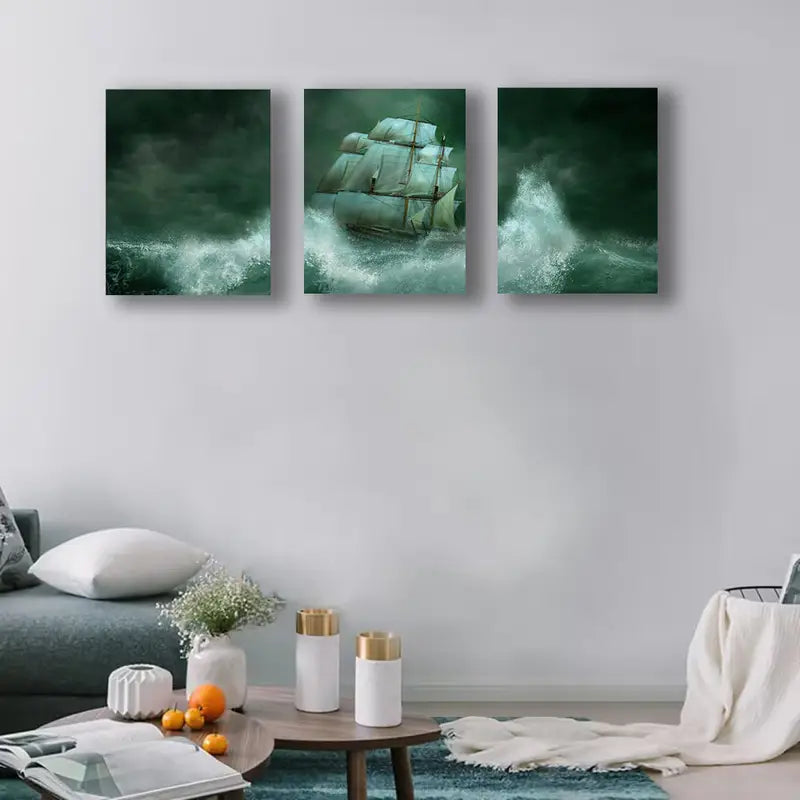 3pcs Ghost Ship At Sea, Dramatic Green Tones Metal Print Ready to Hang Art - Bella Home Decor
