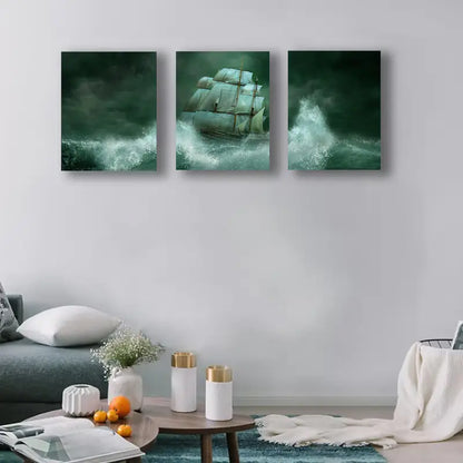 3pcs Ghost Ship At Sea, Dramatic Green Tones Metal Print Ready to Hang Art - Bella Home Decor