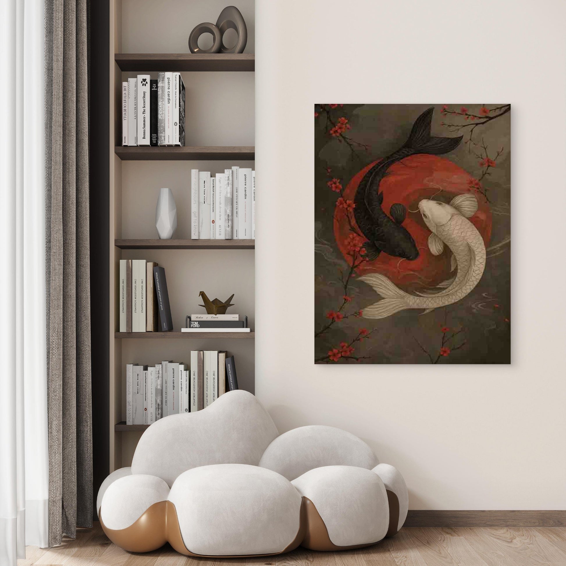 Yin Yang Koi Fish Red Floral Background 40x60cm Metal Print Ready to Hang - Bella Home Decor