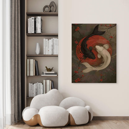 Yin Yang Koi Fish Red Floral Background 40x60cm Metal Print Ready to Hang - Bella Home Decor