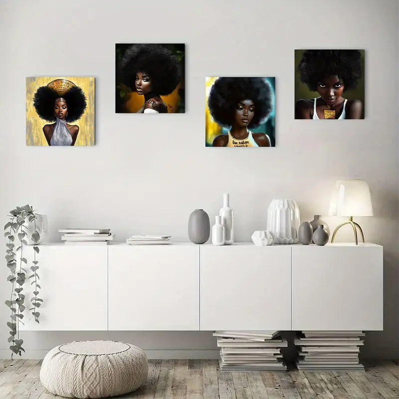 4pcs Black Queen Portraits With Empowering Words Wall Art Canvas Framed - Bella Home Decor