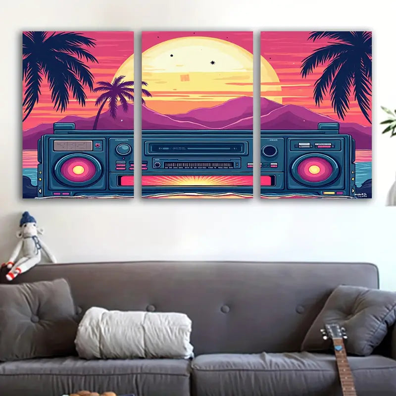 3pcs Retro Beach Sunset Palm Tree Wall Art Set Canvas Framed 50x70cm - High Quality Print 100% Australian Made Wall Canvas Ready to Hang