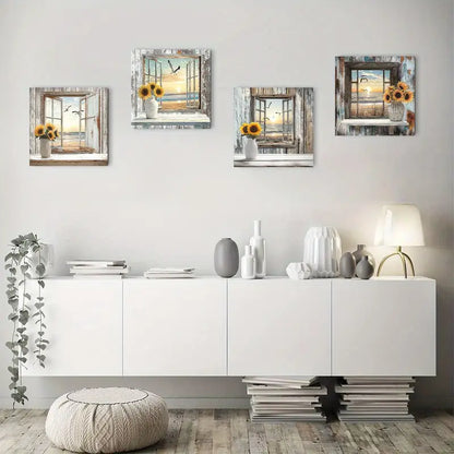 4pcs Rustic Sunflower Wall Art Canvas Framed