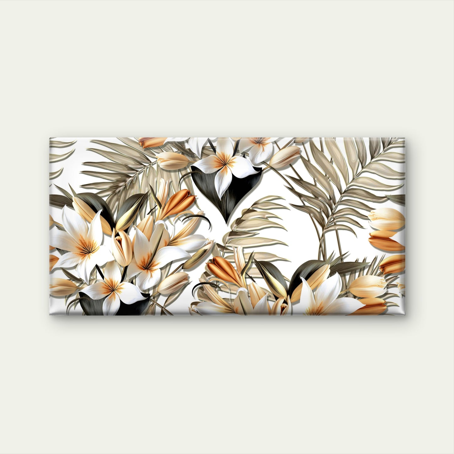 Tropical White Lily Orange Buds Beige Palm Leaves Wall Art Canvas Office Home Framed 120x60cm