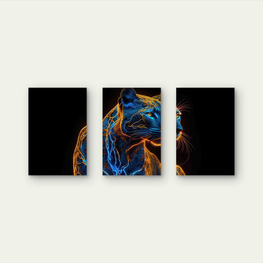 3pcs Neon Electric Lightning Cougar Panther Metal Print Ready to Hang Art
