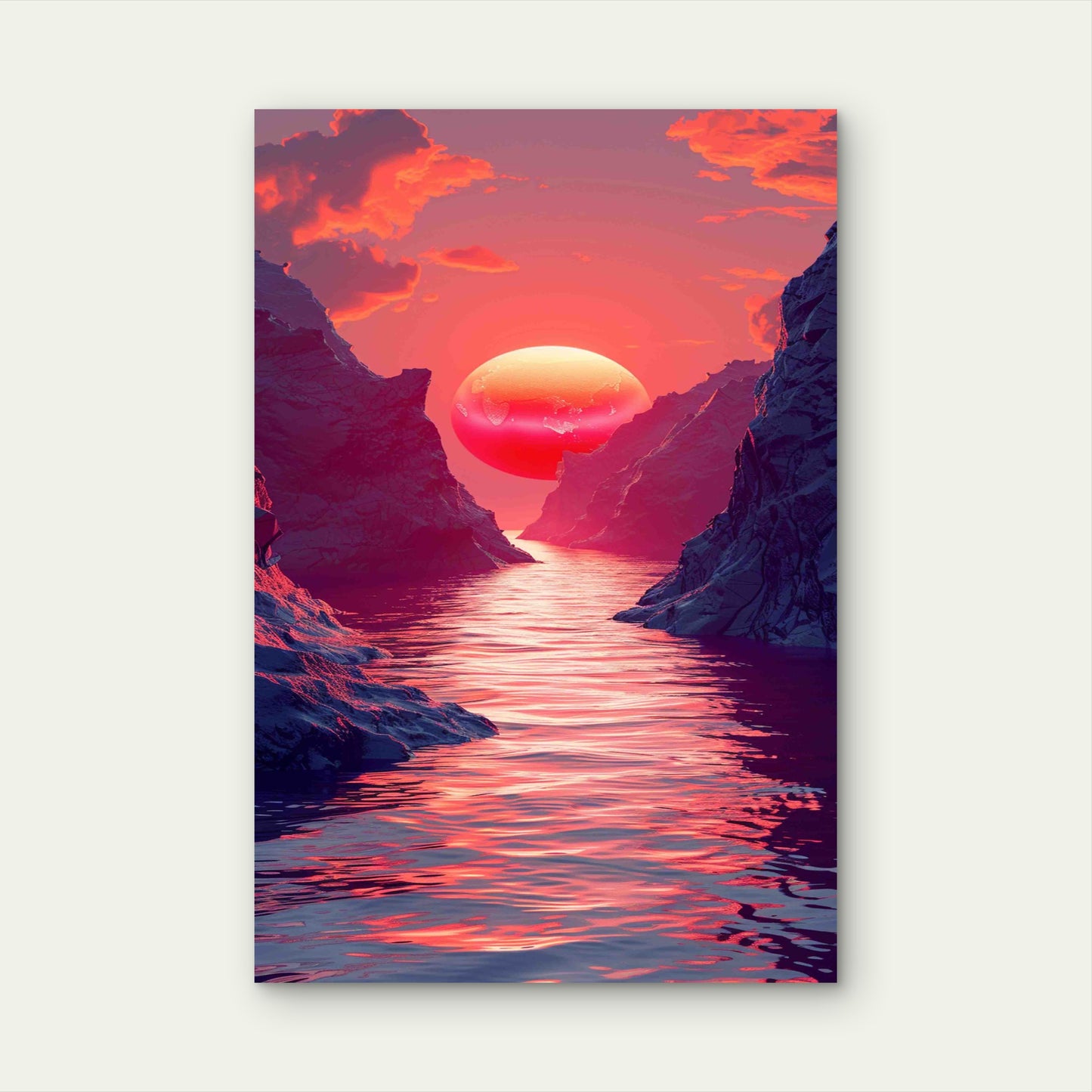 Majestic Landscape with Vivid Pink Sun Over Misty Mountains 60x90cm Metal Print Ready to Hang