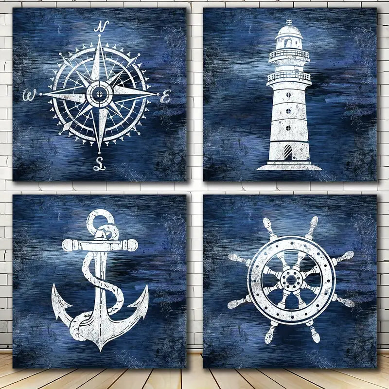 4pcs Boat Anchor,Compass & Lighthouse In Navy B Wall Art Canvas Framed - Bella Home Decor