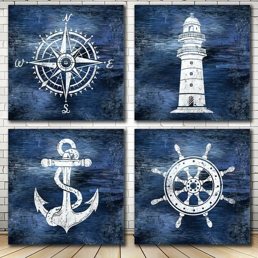 4pcs Boat Anchor,Compass & Lighthouse In Navy B Wall Art Canvas Framed