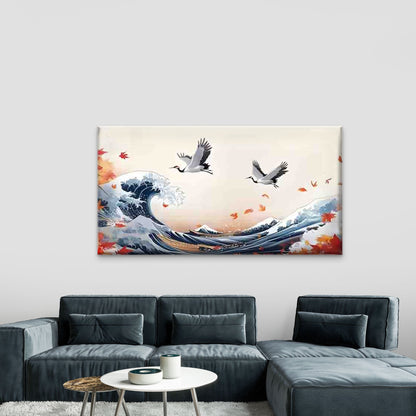 Ocean Waves, Twin Cranes Wall Art Canvas Office Home Room Framed 120x60cm - Bella Home Decor
