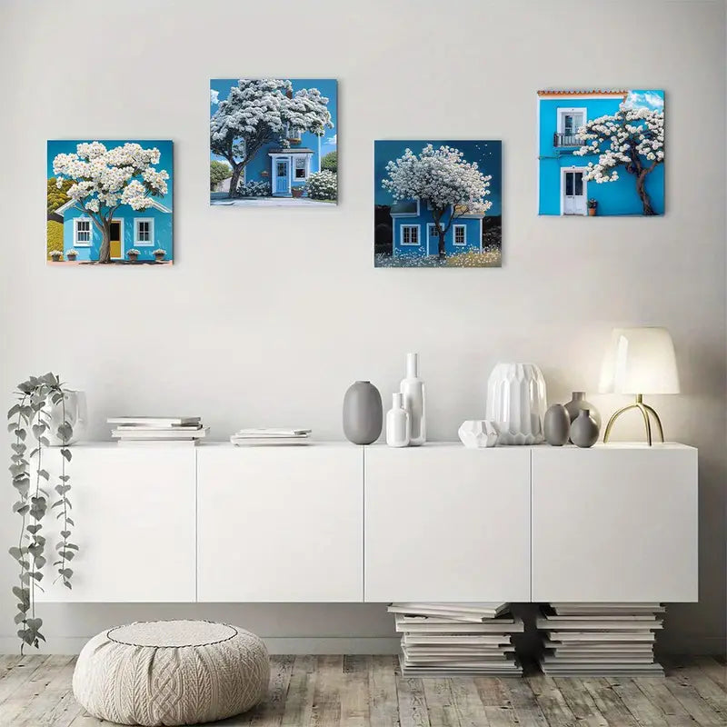4pcs  Blue house under white treeWall Art Canvas Framed