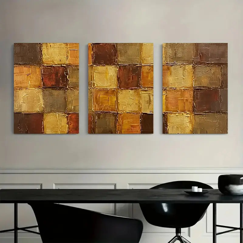 3pcs Brown And Golden Impasto Square  Metal Print Ready to Hang Art - Bella Home Decor