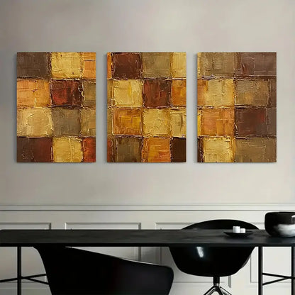 3pcs Brown And Golden Impasto Square  Metal Print Ready to Hang Art - Bella Home Decor