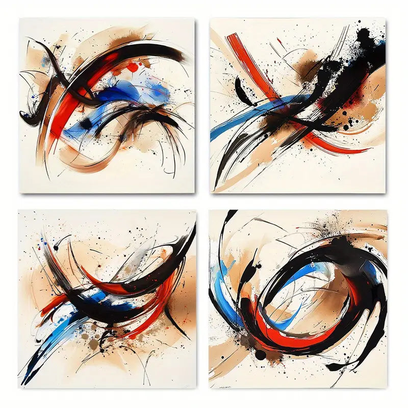 4pcs Stylish Circular Pattern in Blue Red, BlacK   Wall Art Canvas Framed
