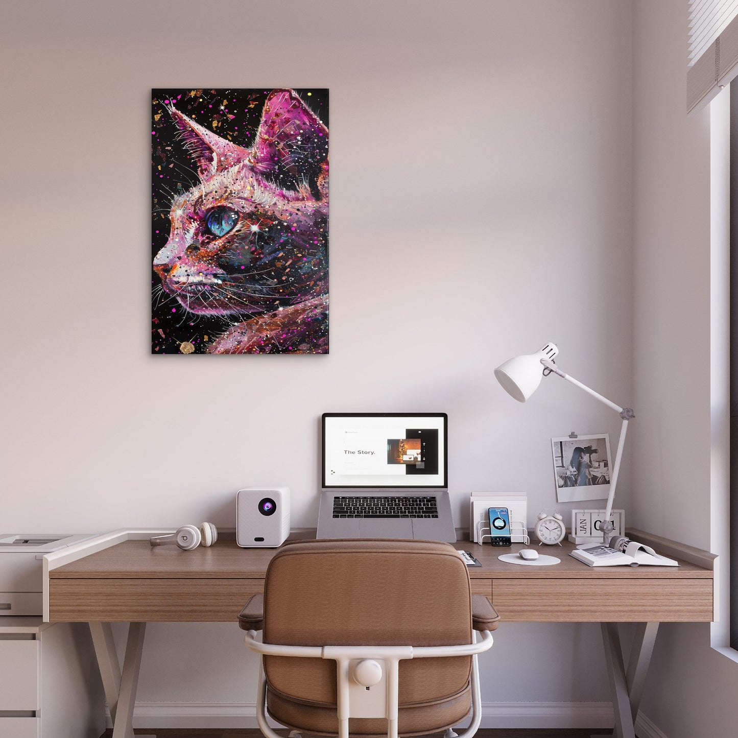 Galaxy Space Cat Pink Abstract Art 40x60cm Metal Print Ready to Hang