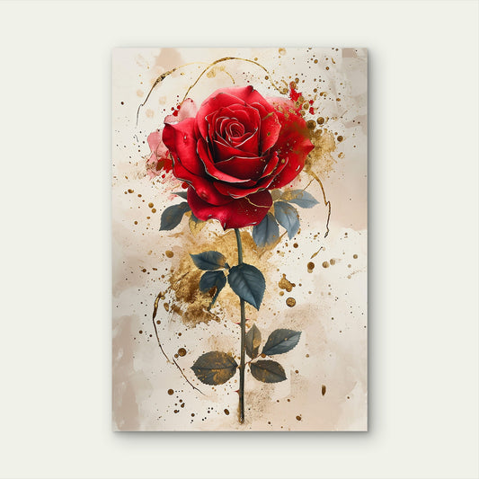 Elegant Red Rose Gold Leaf Foil Splatter Art 40x60cm Metal Print Ready to Hang