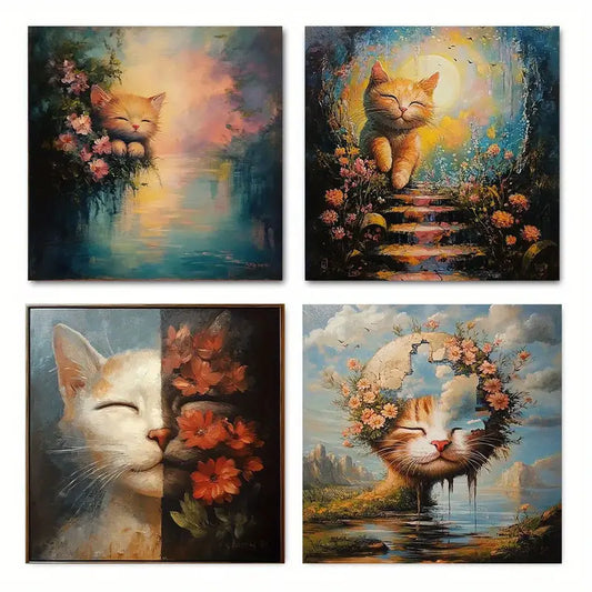 4pcs Whimsy Feline Floral Kitten With Flower  Wall Art Canvas Framed