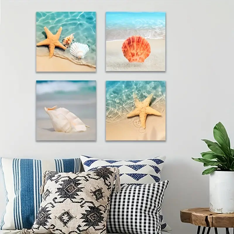 4pcs Starfish & Conch Shell Beach Themed Wall Art Canvas Framed