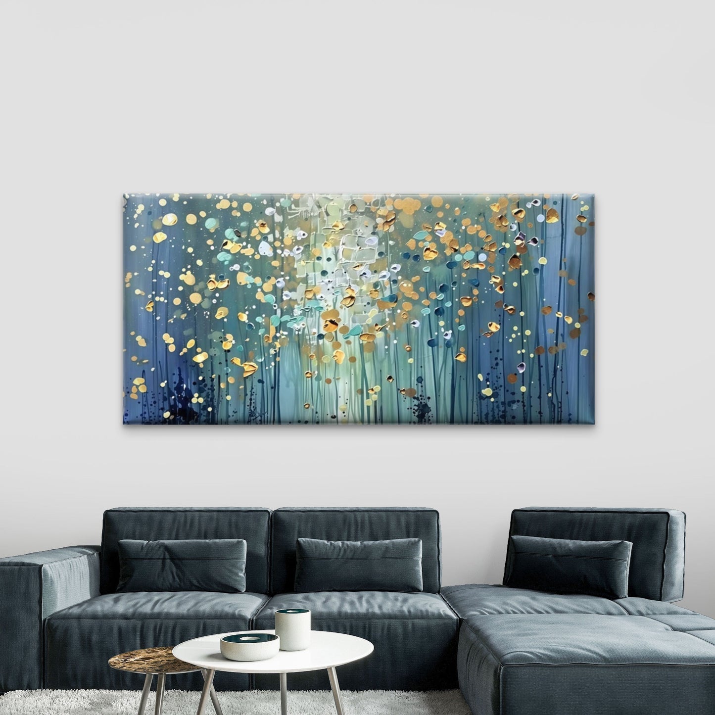 Abstract Blue and Golden Forest Wall Art Canvas Office Home Room Framed 120x60cm