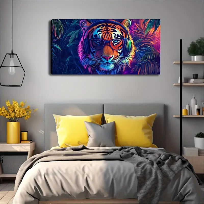 Tiger Wearing Headphones Glasses Wall Art Canvas Office Home Room Framed 120x60cm - Bella Home Decor