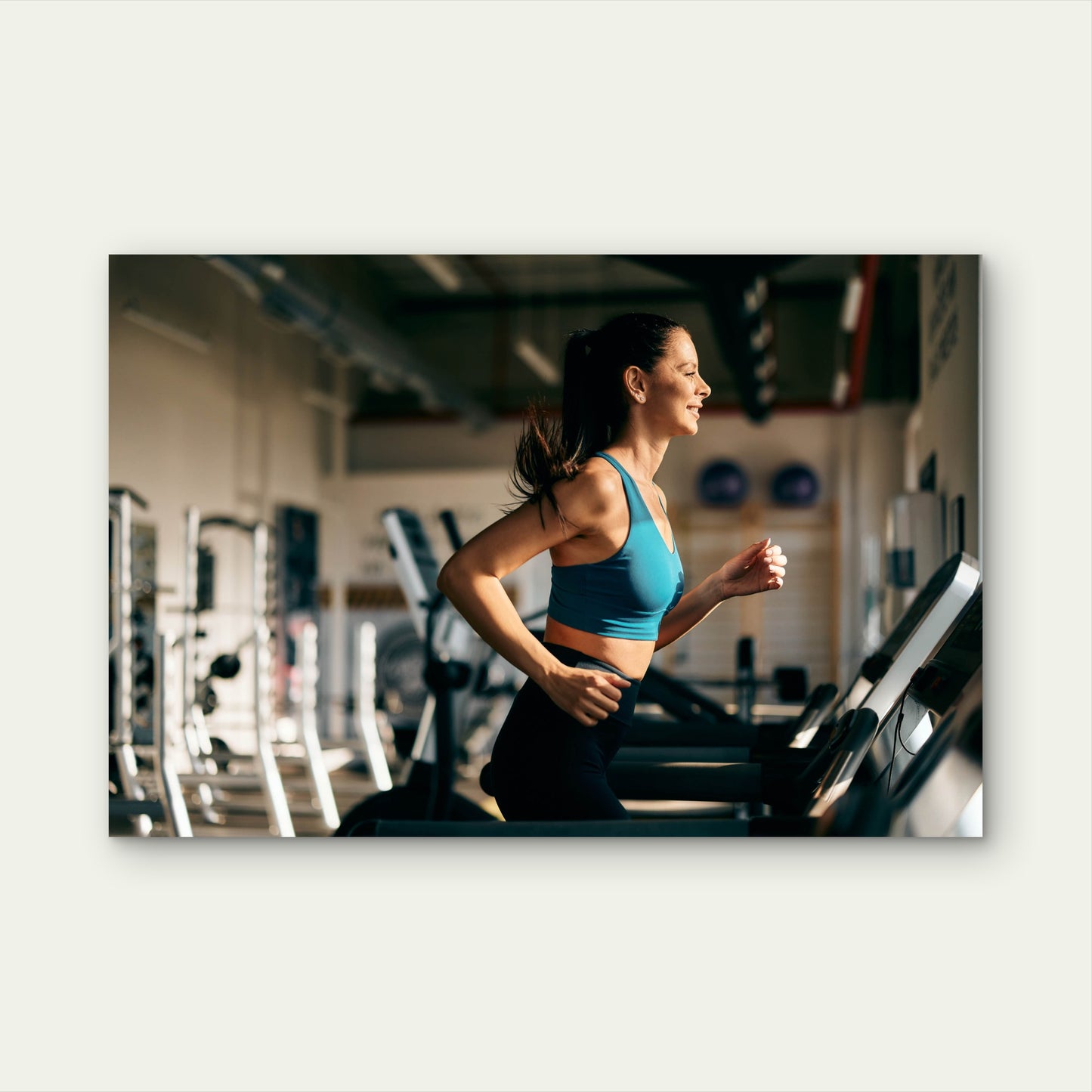 Female Athlete Running On Treadmill Gym Fitness 5mm thick Plastic Poster Ready to Hang 90x60cm