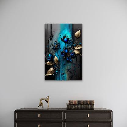 Abstract Blue Flowers Gold Leaves Drips Modern Art Turquoise Black 40x60cm Metal Print Ready to Hang