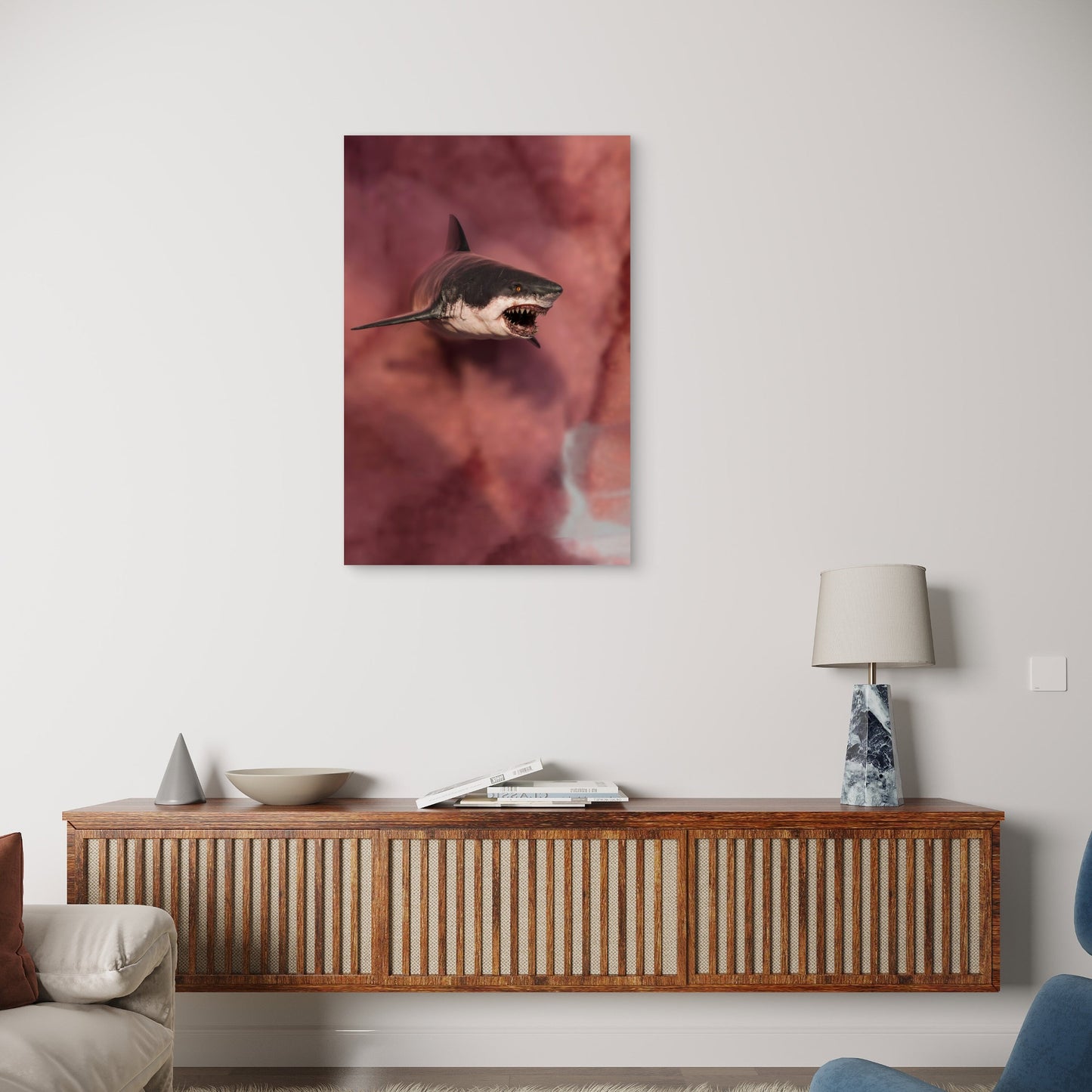 A Great White Shark With Mouth Open Swims 40x60cm Metal Print Ready to Hang