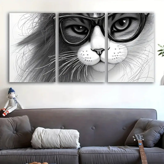 3pcs Black & White Glasses Cat Design Wall Art Set Canvas Framed 40x60cm - High Quality Print 100% Australian Made Wall Canvas Ready to Hang
